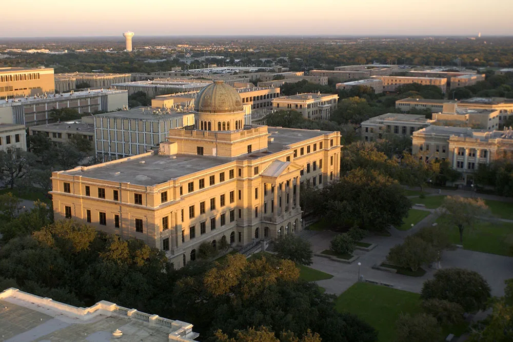 Aerial view of the Texas A&M campus area in College Station