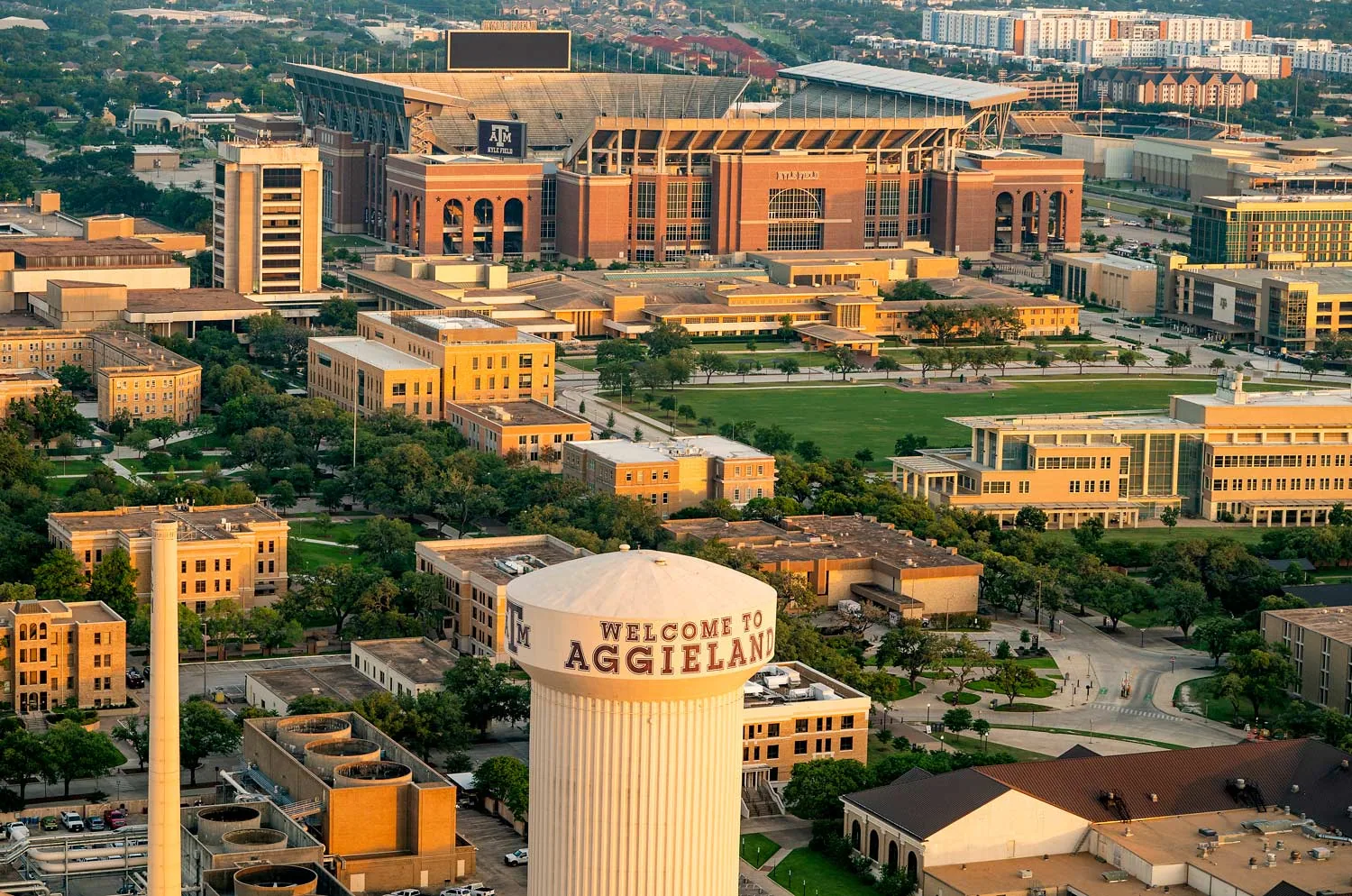 Stadium district and water tower in College Station from above